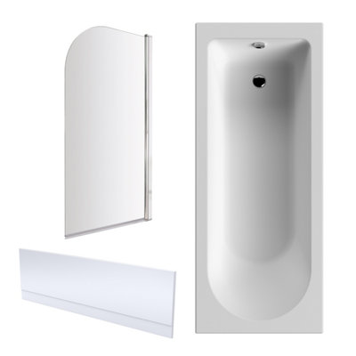1700 x 700mm Shower Bath Bundle Single End Round Tub, Front Panel & Round Bath Screen - Chrome