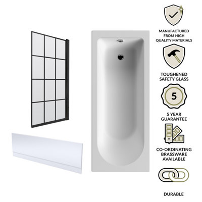 1700 x 700mm Shower Bath Bundle Single End Round Tub, Front Panel & Square Bath Screen - Black Framed