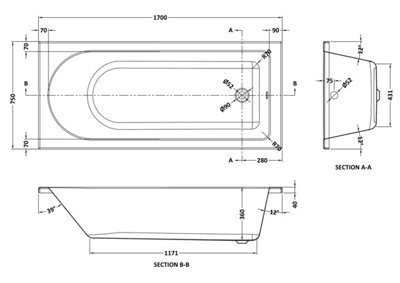 1700 x 750mm Round Bathtub - 7