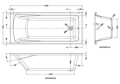 1700 x 750mm Square Bathtub - 7