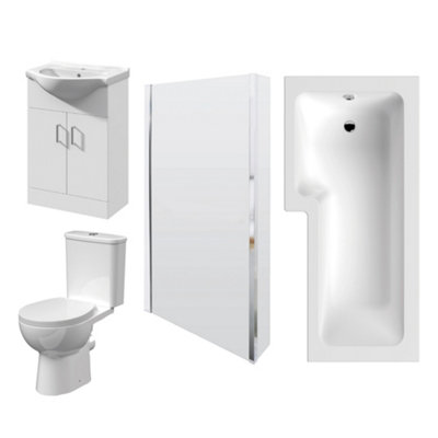 1700mm Bathroom Suite - L Shape Shower Bath, Front Panel, Shower Bath Screen, Vanity Basin Unit and Toilet and Seat, Gloss White