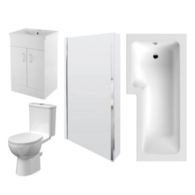 1700mm Bathroom Suite - L Shape Shower Bath, Front Panel, Shower Bath Screen, Vanity Basin Unit and Toilet with Seat - Gloss White