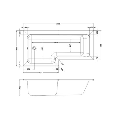 1700mm L Shape Bathtub, Front Panel with Shower Bath Screen - Chrome