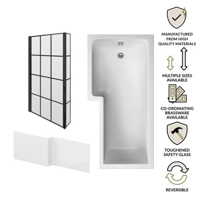 1700mm Left Hand L Shape Bathtub, Front Panel with Bath Screen - Satin ...