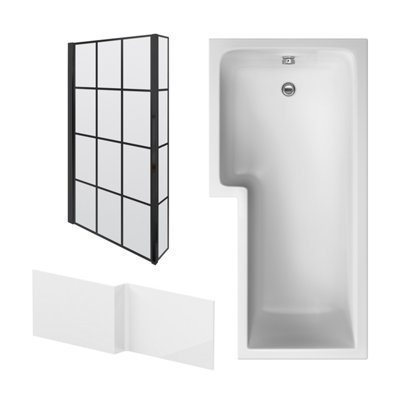 1700mm Left Hand L Shape Bathtub, Front Panel with Black Frame Hinged Screen