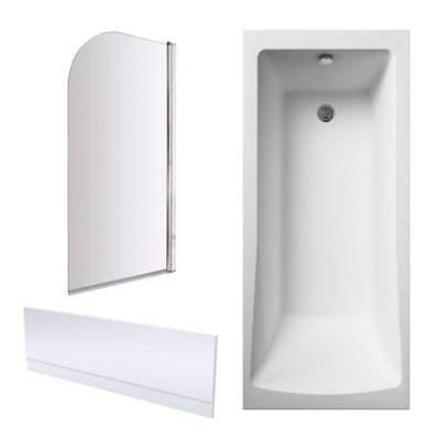 1700mm - Modern Square Single End Bath Tub - Front Panel and Round Bath Screen