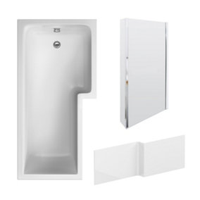 1700mm Right Hand L Shape Bathtub, Front Panel with Bath Screen - Chrome Profile
