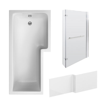 1700mm Right Hand L Shape Bathtub, Front Panel with Bath Screen with Rail - Polished Chrome Profile