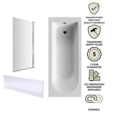 1700mm -Shower Bath Single End Round Tub Bundle - Front Panel & Square Bath Screen - 4