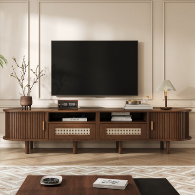 170cm Dark Oak TV Stand with Rattan Drawers and Sliding Doors