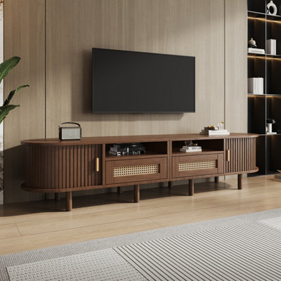 170cm Dark Oak TV Stand with Rattan Drawers and Sliding Doors