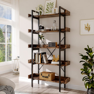 thumbnail image 2 of VERMESS 5-Tier Industrial Bookshelf - 24" Rustic Brown Metal Frame Storage Unit 2 of 10