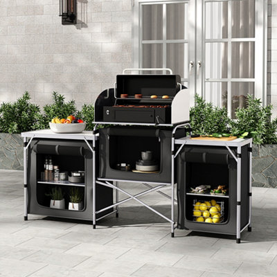 175cm W Outdoor Portable Camping Kitchen with Aluminum Frame and Large Storage Space, Black