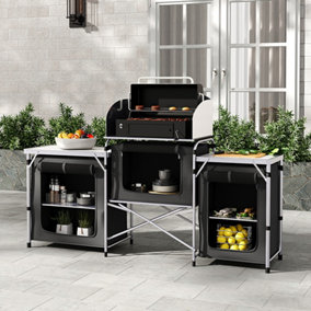 175cm W Outdoor Portable Camping Kitchen with Aluminum Frame and Large Storage Space, Black