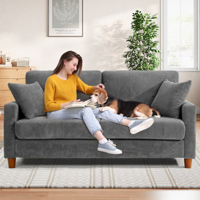 178cm Grey Corduroy Couch 3 Seater Sofa with Wood Legs Deep Seat Sofa