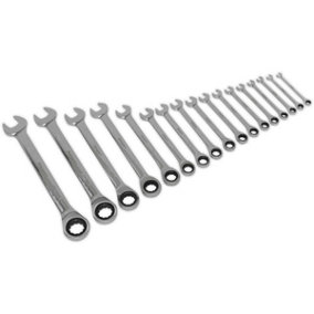 17pc Ratchet Combination Spanner Set - 12 Point Metric Ring Open Head Wrench