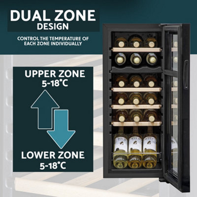 18 Bottle Dual Zone Freestanding Wine Cooler Fridge - LED Backlit BLACK & GLASS