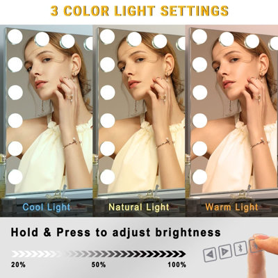 18 Dimmable LED Bulbs Large Mirror, Bluetooth Vanity Mirror with Lights