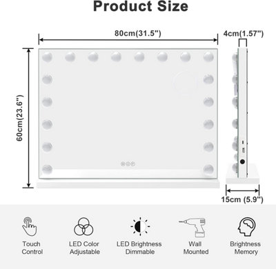 18 Dimmable LED Bulbs Large Mirror, Vanity Mirror with Lights