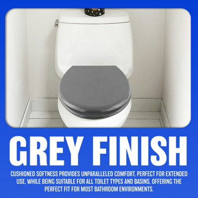 18" Grey Wooden Toilet Seat Bathroom With Fittings Easy Clean Heavy Duty - 4