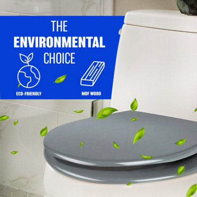 18" Grey Wooden Toilet Seat Bathroom With Fittings Easy Clean Heavy Duty - 5