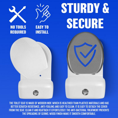 18" Grey Wooden Toilet Seat Bathroom With Fittings Easy Clean Heavy Duty - 6