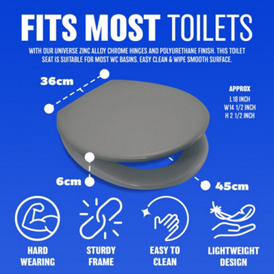 18" Grey Wooden Toilet Seat Bathroom With Fittings Easy Clean Heavy Duty - 7