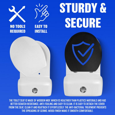 18 Inch Black Wooden Toilet Seat Bathroom Wc With Fittings Easy Clean Heavy Duty New - 6