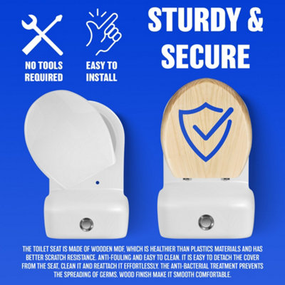 18" Natural Wooden Universal Bathroom Wc Toilet Seat Easy Fit With Fittings - 6