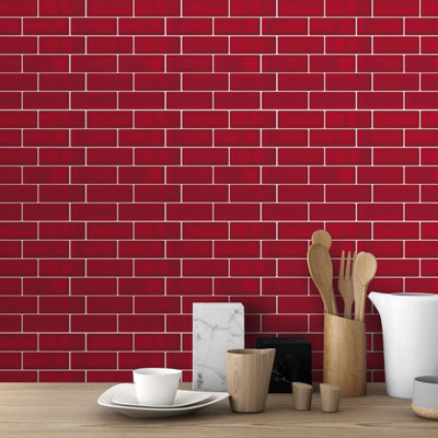 18 Pcs 30.5 x 30.5cm(12") 3D Tile Stickers Peel and Stick Backsplash Splashback Decals Tile Transfer - Cherry Red Retro Glossy - 3