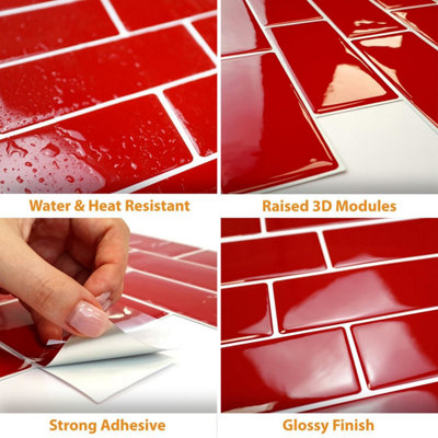 18 Pcs 30.5 x 30.5cm(12") 3D Tile Stickers Peel and Stick Backsplash Splashback Decals Tile Transfer - Cherry Red Retro Glossy
