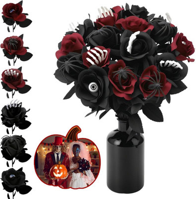 18 Pcs Halloween Flowers with Eyeball Skeleton Hand Spider, Black Red ...