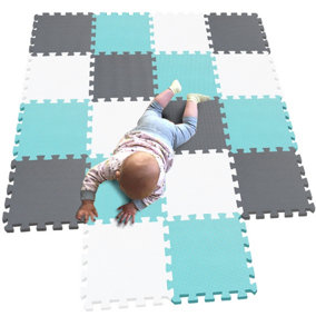 18 Pcs Soft EVA Foam Gym Garage Playroom Kid Floor Play Mat Tile Yoga Exercise ( Turquoise / White / Grey )