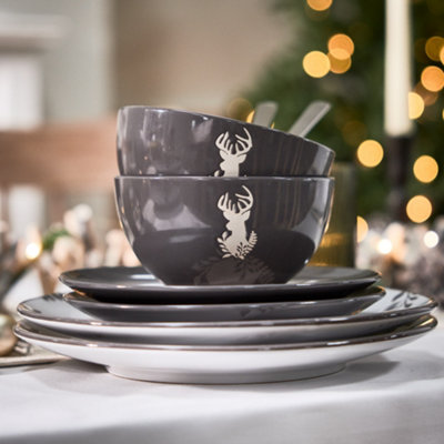 18 Piece Grey Stag Plates and Bowls Reindeer Christmas Dinner Set 6 Person Christmas Crockery Set