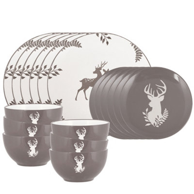 18 Piece Grey Stag Plates and Bowls Reindeer Christmas Dinner Set 6 Person Christmas Crockery Set