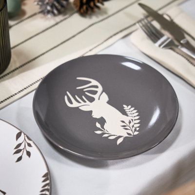 18 Piece Grey Stag Plates and Bowls Reindeer Christmas Dinner Set 6 Person Christmas Crockery Set