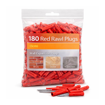 180 Red Rawl Plugs 3cm Wall Expansion Plugs Screw Fixings for Brick ...