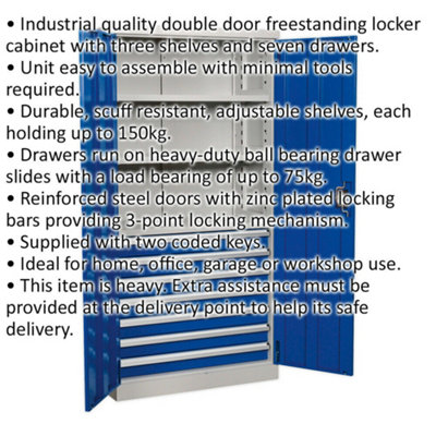 1800mm Double Door Industrial Cabinet - 7 Drawers & 3 Shelves - 3 Point Lock