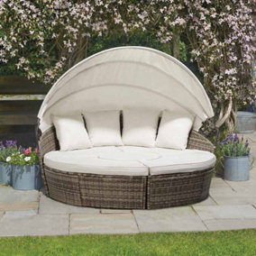 180cm 4 Piece Grey Rattan Daybed Outdoor Furniture Set with Extendable Canopy & Cushions Included (Tonal Grey)