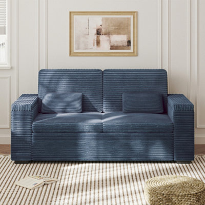 180CM Corduroy Cloud Loveseat Sofa, 2 Seater Love Seat Small Couch with Storage Armrest, Blue