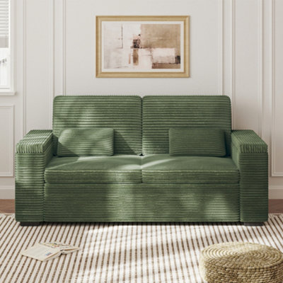 180CM Corduroy Cloud Loveseat Sofa, 2 Seater Love Seat Small Couch with Storage Armrest, Green