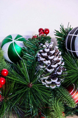 180cm Decorated Mixed Pine Garland with Red Green & Black Baubles - 6