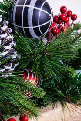 180cm Decorated Mixed Pine Garland with Red Green & Black Baubles - 7