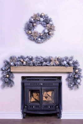 180cm Decorated Silver Mixed Pine Garland with Rose Gold Poinsettia - 8
