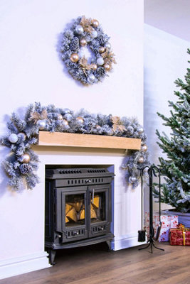 180cm Decorated Silver Mixed Pine Garland with Rose Gold Poinsettia - 9