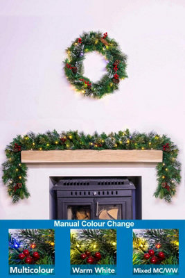 180cm Pre-lit Decorated Mixed Pine Garland Warm White/Multicolour LEDs