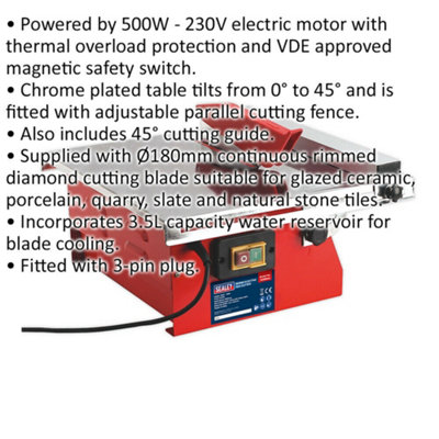 180mm Portable Tile Cutter - 230V 500W - 0 to 45 Degree Mitre 3.5L Water Cooled