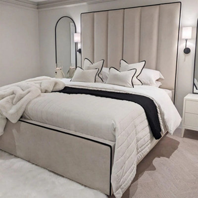  - 4Ft6In Double Hugo Cream Divan Ottoman Gas Lift Storage Bed With Black Contrast Piping