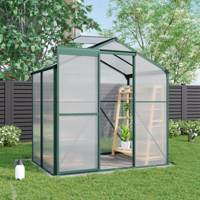 183cm H Green Outdoor Garden Polycarbonate Greenhouse with Sliding Door and Apex Roof Vent, 6x4ft