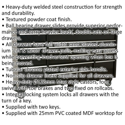 1845 x 510 x 1125mm 15 Drawer BLACK Portable Tool Chest Locking Mobile Storage
